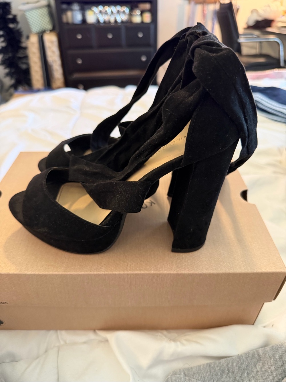 Wild Diva Black Suede Wrap Platform Block Heels